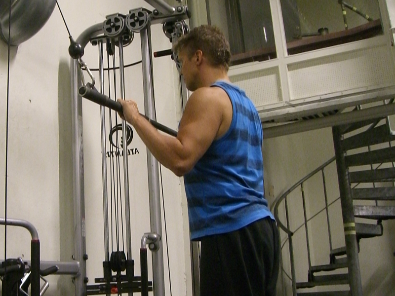 Triceps pushdown, utförande, med stång i kabelmaskin. Start